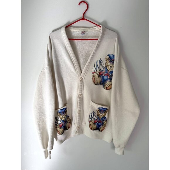 90s vintage nautical sailboat teddy bear graphic button up sweatshirt cardigan - Picture 8 of 9